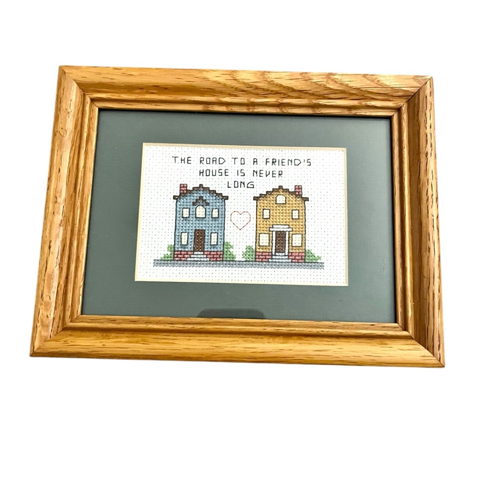 Vintage Framed Handmade Cross-Stitch with Oak Frame
